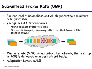 © Jörg Liebeherr, 1998-2003
Guaranteed Frame Rate (UBR)
• For non-real-time applications which guarantee a minimum
rate guarantee
• Recognizes AAL5 boundaries
– Frame consists of multiple cells
– If a cell is dropped, remaining cells from that frame will be
dropped as well
• Minimum rate (MCR) is guaranteed by network, the rest (up
to PCR) is delivered on a best effort basis.
• Adaptation Layer: AAL5
 