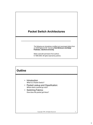 Packet Switch Architectures




                   The following are (sometimes modified and rearranged slides) from
                   an ACM Sigcomm 99 Tutorial by Nick McKeown and Balaji
                   Prabhakar , Stanford University

                   Slides used with permission from authors.
                   © 1999-2000. All rights reserved by authors.




Outline


     • Introduction:
          What is a Packet Switch?
     • Packet Lookup and Classification:
          Where does a packet go next?
     • Switching Fabrics:
          How does the packet get there?




                         Copyright 1999. All Rights Reserved                           2




                                                                                           1
 