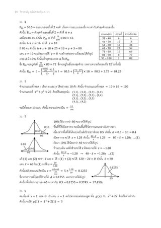 14 วิชาสามัญ คณิตศาสตร์ (ม.ค. 57)
20. 4
= 50.5 = ขอบบนของชั้นที่ 2 พอดี เนื่องจากขอบบนของชั้น จะเท่ากับตัวสุดท้ายของชั้น
ดังนั้น = ตัวสุดท้ายของชั้นที่ 2 = ตัวที่ 6 +
แต่มีคน 80 คน ดังนั้น = ตัวที่ = 16
ดังนั้น 6 + = 16 จะได้ = 10
มี 80 คน ดังนั้น 6 + + 18 + 25 + 10 + + 3 = 80
แทน = 10 จะแก้สมการได้ = 8 จะสร้างช่องความถี่สะสมได้ดังรูป
เกรด A มี 10% ดังนั้น ต่าสุดของเกรด A คือ
ซึ่ง จะอยู่ตัวที่ = 72 ซึ่งจะอยู่ในชั้นรองสุดท้าย (เพราะความถี่สะสมถึง 72 ในชั้นนี้)
ดังนั้น = (
( )
–
) = 80.5 + (
–
) = 80.5 + 3.75 = 84.25
21. 1
จานวนแบบทั้งหมด : เลือก และ ได้อย่างละ 10 ตัว ดังนั้น จานวนแบบทั้งหมด = 10 × 10 = 100
จานวนแบบที่ < 25 ต้องใช้แรงลุยนับ
จะมีทั้งหมด 13 แบบ ดังนั้น ความน่าจะเป็น =
22. 1
10% ได้มากกว่า 80 จะวาดได้ดังรูป
พื้นที่ที่ใช้เปิดตาราง จะเป็นพื้นที่ที่วัดจากแกนกลางไปทางขวา
เนื่องจากพื้นที่ใต้โค้งแบ่งเป็นฝั่งซ้ายขวาฝั่งละ 0.5 ดังนั้น = 0.5 0.1 = 0.4
เปิดตาราง จะได้ = 1.28 ดังนั้น ̅
= 1.28 → 80 – ̅ = 1.28 …( )
ถัดมา 10% ได้น้อยกว่า 40 จะวาดได้ดังรูป
ทาแบบเดิม แต่ฝั่งซ้ายจะใช้ ติดลบ จะได้ = 1.28
ดังนั้น ̅
= 1.28 → 40 – ̅ = 1.28 …( )
แก้ (1) และ (2) จะหา ̅ และ ได้ : (1) + (2) จะได้ 120 ̅ = 0 ดังนั้น ̅ = 60
แทน ̅ = 60 ใน (1) จะได้ =
ดังนั้น 65 คะแนน คิดเป็น = = 5 × = 0.1255
ซึ่งจากตารางที่โจทย์ให้ จะได้ = 0.1255 และจะวาดได้ดังรูป
ดังนั้น พื้นที่ทางขวาของ 65 จะเท่ากับ 0.5 0.1255 = 0.3745 = 37.45%
23. 5
ต่อเนื่องที่ = 1 แสดงว่า ถ้าแทน = 1 ลงไปตรงรอยต่อของสูตร คือ ( ) กับ ต้องได้ค่าเท่ากัน
ดังนั้น จะได้ ( ) = ( ) = 3
คะแนนสอบ ความถี่ ความถี่สะสม
31 – 40 6 6
41 – 50 10 16
51 – 60 18 34
61 – 70 25 59
71 – 80 10 69
81 – 90 8 77
91 – 100 3 80
(1,1) , (1,2) , (1,3) , (1,4)
(2,1) , (2,2) , (2,3) , (2,4)
(3,1) , (3,2) , (3,3)
(4,1) , (4,2)
80
0.10
0.40
40
0.10
0.40
65
0.1255
 