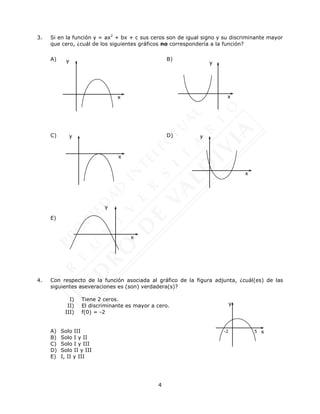 4
3. Si en la función y = ax2
+ bx + c sus ceros son de igual signo y su discriminante mayor
que cero, ¿cuál de los siguientes gráficos no correspondería a la función?
A) B)
C) D)
E)
4. Con respecto de la función asociada al gráfico de la figura adjunta, ¿cuál(es) de las
siguientes aseveraciones es (son) verdadera(s)?
I) Tiene 2 ceros.
II) El discriminante es mayor a cero.
III) f(0) = -2
A) Solo III
B) Solo I y II
C) Solo I y III
D) Solo II y III
E) I, II y III
y
x
-2 5
y
x
y
x
y
x
y
x
y
x
 