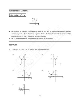 9
FUNCIONES DE LA FORMA
 La parábola se traslada h unidades en el eje X, si h > 0 se desplaza en sentido positivo
del eje X y si h < 0 en el sentido negativo. Si k > 0 el desplazamiento es en el sentido
positivo del eje Y, si k < 0 es en el sentido negativo.
 (h, k) corresponde a las coordenadas del vértice de la parábola.
EJEMPLOS
1. Si f(x) = (x + 2)2
+ 1, su gráfico está representado por
A) B)
C) D)
E)
f(x) = a(x – h)2
+ k
k
h x
y
y
x
-2
-1
y
x
-1
2
y
x
1
2
y
x
2
1
1
y
x
-2
 