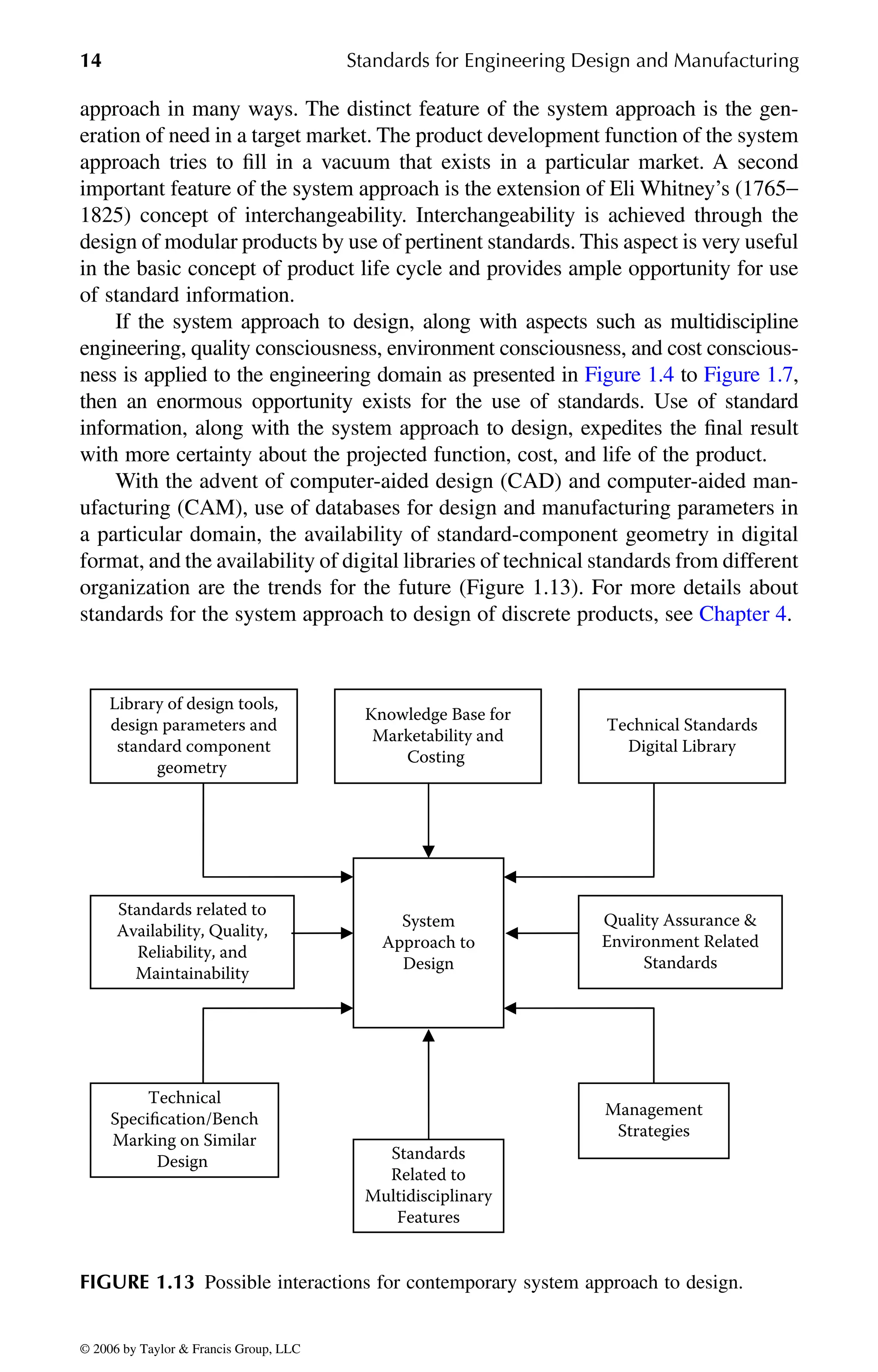 14 Standards for Engineering Design and Manufacturing
approach in many ways. The distinct feature of the system approach is the gen-
eration of need in a target market. The product development function of the system
approach tries to fill in a vacuum that exists in a particular market. A second
important feature of the system approach is the extension of Eli Whitney’s (1765−
1825) concept of interchangeability. Interchangeability is achieved through the
design of modular products by use of pertinent standards. This aspect is very useful
in the basic concept of product life cycle and provides ample opportunity for use
of standard information.
If the system approach to design, along with aspects such as multidiscipline
engineering, quality consciousness, environment consciousness, and cost conscious-
then an enormous opportunity exists for the use of standards. Use of standard
information, along with the system approach to design, expedites the final result
with more certainty about the projected function, cost, and life of the product.
With the advent of computer-aided design (CAD) and computer-aided man-
ufacturing (CAM), use of databases for design and manufacturing parameters in
a particular domain, the availability of standard-component geometry in digital
format, and the availability of digital libraries of technical standards from different
FIGURE 1.13 Possible interactions for contemporary system approach to design.
Library of design tools,
design parameters and
standard component
geometry
Technical Standards
Digital Library
Quality Assurance &
Environment Related
Standards
Standards related to
Availability, Quality,
Reliability, and
Maintainability
System
Approach to
Design
Management
Strategies
Standards
Related to
Multidisciplinary
Features
Technical
Speciﬁcation/Bench
Marking on Similar
Design
Knowledge Base for
Marketability and
Costing
DK8870_C001.fm Page 14 Thursday, September 29, 2005 5:17 PM
© 2006 by Taylor & Francis Group, LLC
© 2006 by Taylor & Francis Group, LLC
ness is applied to the engineering domain as presented in Figure 1.4 to Figure 1.7,
organization are the trends for the future (Figure 1.13). For more details about
standards for the system approach to design of discrete products, see Chapter 4.
 