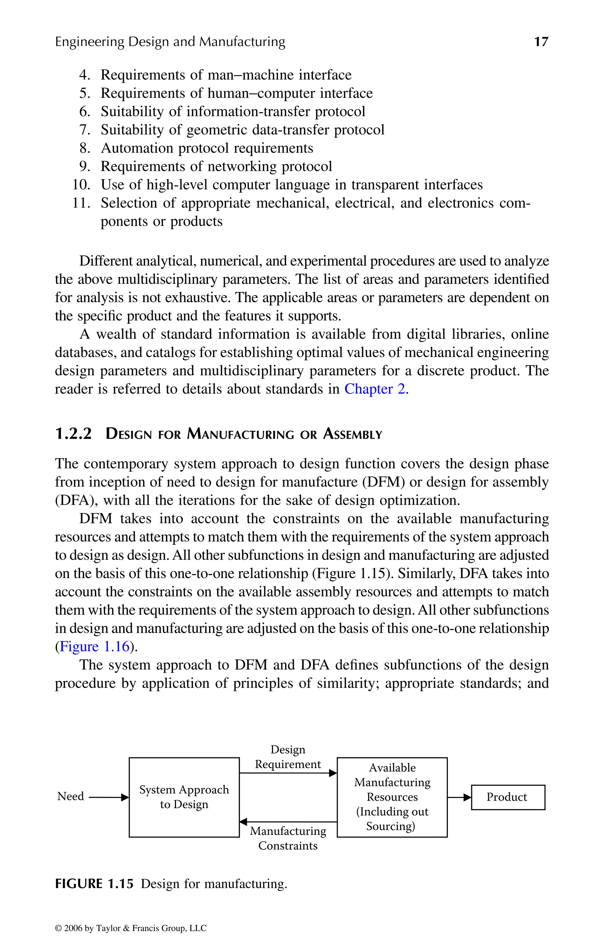 Engineering Design and Manufacturing 17
4. Requirements of man−machine interface
5. Requirements of human−computer interface
6. Suitability of information-transfer protocol
7. Suitability of geometric data-transfer protocol
8. Automation protocol requirements
9. Requirements of networking protocol
10. Use of high-level computer language in transparent interfaces
11. Selection of appropriate mechanical, electrical, and electronics com-
ponents or products
Different analytical, numerical, and experimental procedures are used to analyze
the above multidisciplinary parameters. The list of areas and parameters identified
for analysis is not exhaustive. The applicable areas or parameters are dependent on
the specific product and the features it supports.
A wealth of standard information is available from digital libraries, online
databases, and catalogs for establishing optimal values of mechanical engineering
design parameters and multidisciplinary parameters for a discrete product. The
1.2.2 DESIGN FOR MANUFACTURING OR ASSEMBLY
The contemporary system approach to design function covers the design phase
from inception of need to design for manufacture (DFM) or design for assembly
(DFA), with all the iterations for the sake of design optimization.
DFM takes into account the constraints on the available manufacturing
resources and attempts to match them with the requirements of the system approach
to design as design.All other subfunctions in design and manufacturing are adjusted
on the basis of this one-to-one relationship (Figure 1.15). Similarly, DFA takes into
account the constraints on the available assembly resources and attempts to match
them with the requirements of the system approach to design.All other subfunctions
in design and manufacturing are adjusted on the basis of this one-to-one relationship
The system approach to DFM and DFA defines subfunctions of the design
procedure by application of principles of similarity; appropriate standards; and
FIGURE 1.15 Design for manufacturing.
System Approach
to Design
Available
Manufacturing
Resources
(Including out
Sourcing)
Need
Design
Requirement
Manufacturing
Constraints
Product
DK8870_C001.fm Page 17 Thursday, September 29, 2005 5:17 PM
© 2006 by Taylor & Francis Group, LLC
© 2006 by Taylor & Francis Group, LLC
(Figure 1.16).
reader is referred to details about standards in Chapter 2.
 