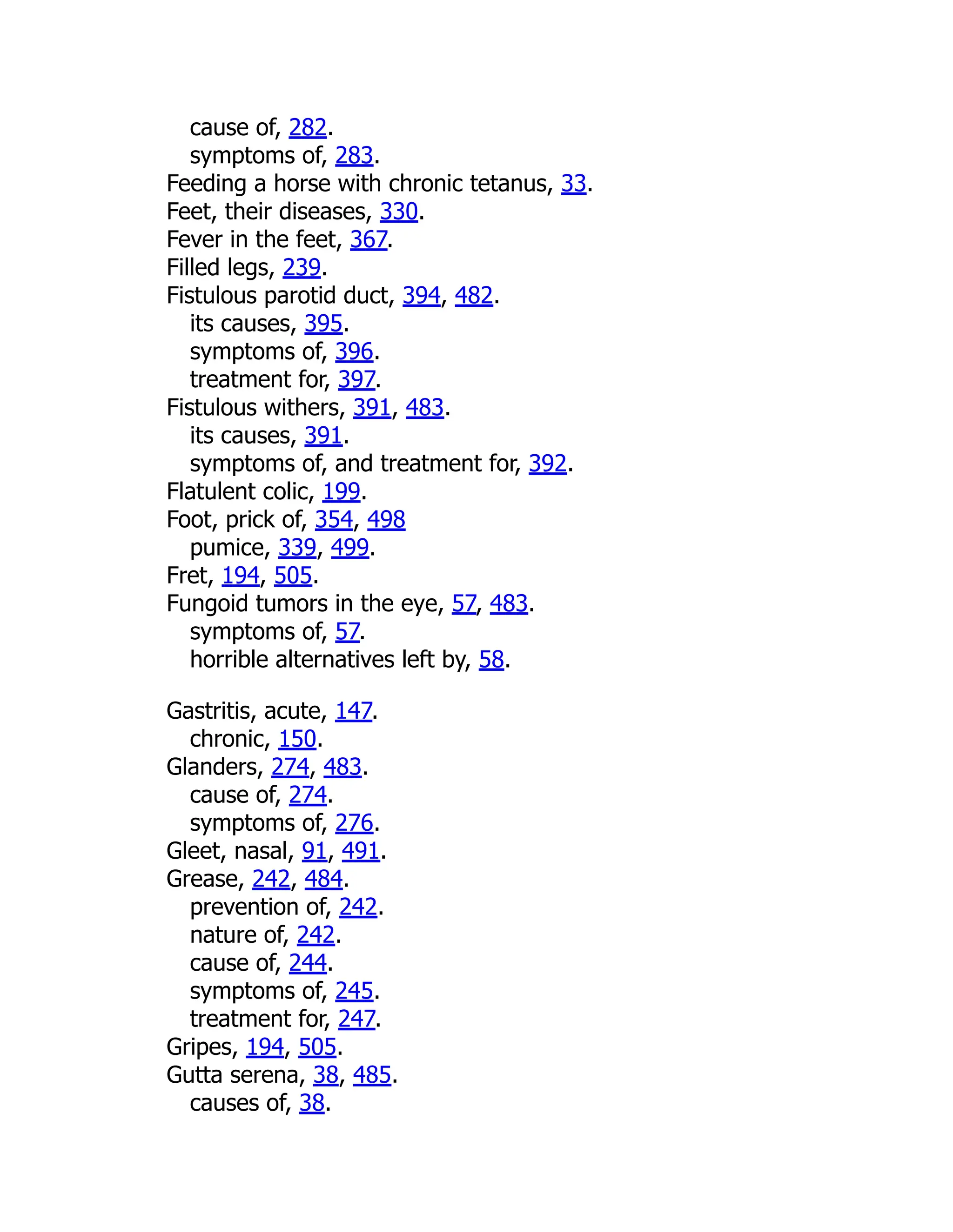 cause of, 282.
symptoms of, 283.
Feeding a horse with chronic tetanus, 33.
Feet, their diseases, 330.
Fever in the feet, 367.
Filled legs, 239.
Fistulous parotid duct, 394, 482.
its causes, 395.
symptoms of, 396.
treatment for, 397.
Fistulous withers, 391, 483.
its causes, 391.
symptoms of, and treatment for, 392.
Flatulent colic, 199.
Foot, prick of, 354, 498
pumice, 339, 499.
Fret, 194, 505.
Fungoid tumors in the eye, 57, 483.
symptoms of, 57.
horrible alternatives left by, 58.
Gastritis, acute, 147.
chronic, 150.
Glanders, 274, 483.
cause of, 274.
symptoms of, 276.
Gleet, nasal, 91, 491.
Grease, 242, 484.
prevention of, 242.
nature of, 242.
cause of, 244.
symptoms of, 245.
treatment for, 247.
Gripes, 194, 505.
Gutta serena, 38, 485.
causes of, 38.
 