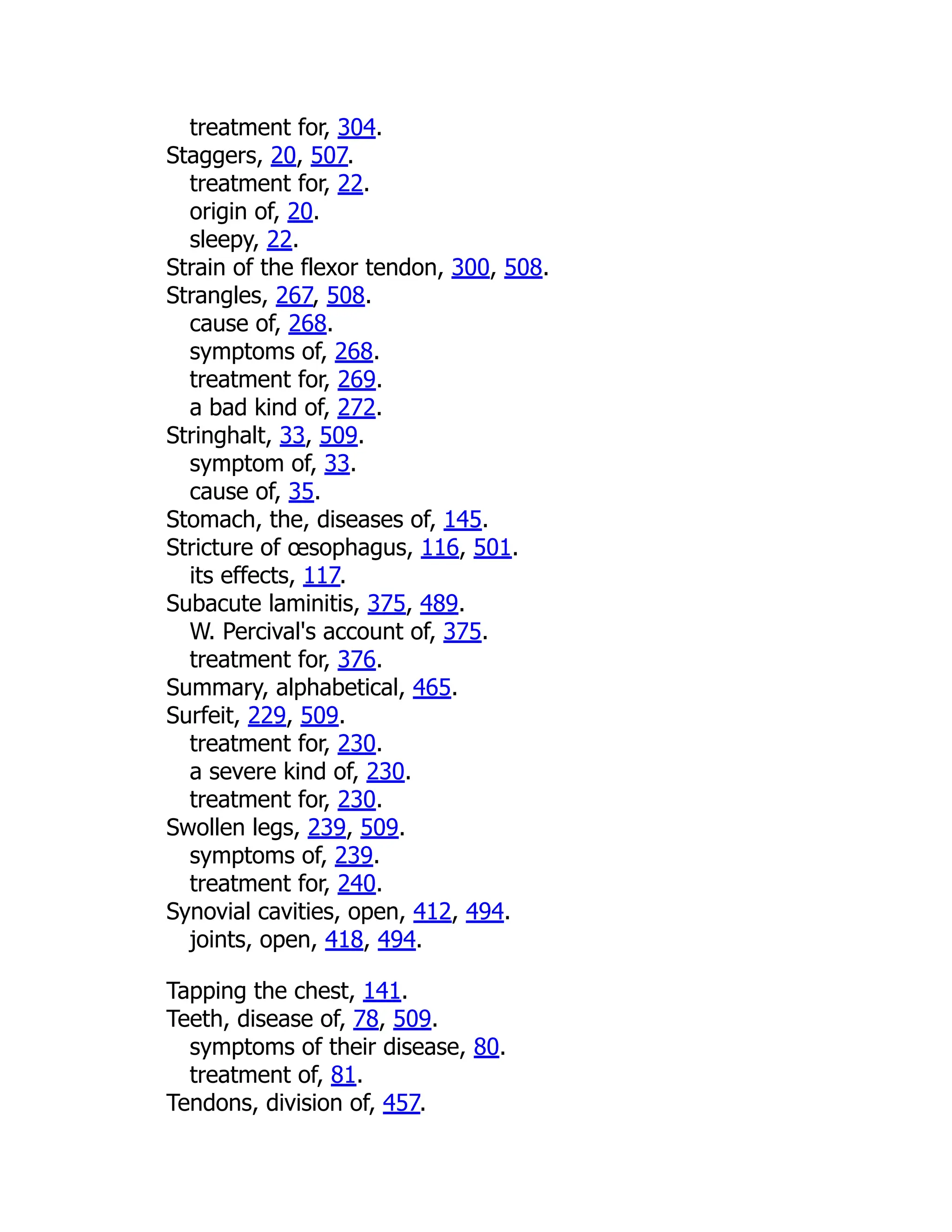 treatment for, 304.
Staggers, 20, 507.
treatment for, 22.
origin of, 20.
sleepy, 22.
Strain of the flexor tendon, 300, 508.
Strangles, 267, 508.
cause of, 268.
symptoms of, 268.
treatment for, 269.
a bad kind of, 272.
Stringhalt, 33, 509.
symptom of, 33.
cause of, 35.
Stomach, the, diseases of, 145.
Stricture of œsophagus, 116, 501.
its effects, 117.
Subacute laminitis, 375, 489.
W. Percival's account of, 375.
treatment for, 376.
Summary, alphabetical, 465.
Surfeit, 229, 509.
treatment for, 230.
a severe kind of, 230.
treatment for, 230.
Swollen legs, 239, 509.
symptoms of, 239.
treatment for, 240.
Synovial cavities, open, 412, 494.
joints, open, 418, 494.
Tapping the chest, 141.
Teeth, disease of, 78, 509.
symptoms of their disease, 80.
treatment of, 81.
Tendons, division of, 457.
 