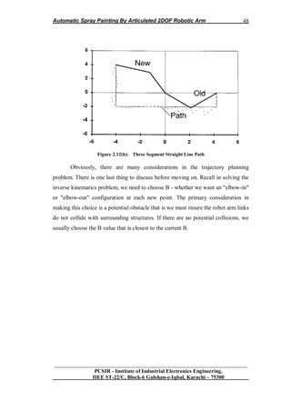 Automatic Spray Painting By Articulated 2DOF Robotic Arm
__________________________________________________________________
PCSIR - Institute of Industrial Electronics Engineering,
IIEE ST-22/C, Block-6 Gulshan-e-Iqbal, Karachi – 75300
48
Figure 2.12(b): Three Segment Straight Line Path
Obviously, there are many considerations in the trajectory planning
problem. There is one last thing to discuss before moving on. Recall in solving the
inverse kinematics problem, we need to choose B - whether we want an "elbow-in"
or "elbow-out" configuration at each new point. The primary consideration in
making this choice is a potential obstacle that is we must insure the robot arm links
do not collide with surrounding structures. If there are no potential collisions, we
usually choose the B value that is closest to the current B.
 