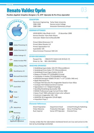 03Position Applied: Graphics Designer / Sr. DTP Operator & Pre-Press Specialist
MACHINE OPERATED
• Heidelberg Supra Setter 105 CTP (70mmx100mm)
• Heidelberg Prime Setter CTF (70mmx100mm)
• Heidelberg Prinect Signa Station V4.0.10
• Magnus III Kodak CTP (1030x800) Prinergy
• TrendSetter III Kodak CTP(1030x800) Prinergy
• SCREEEN Dainippon 8300S CTP (45.7” x 37”) (1160 x 940 mm)
• Apple Macintosh Pro
• Linotype-Hell Hercules Pro Imagesetter Based on Acer Aldus
• Linotype-Hell Flatbed and Drum Scanner
• Signastation V. 6-7 (Digital Stripping)
• QuickRip/Heidelberg Quicksetter 460
• KODAK Professional Large Format Printer 2060
• Epson Proof 7000 calibrated in best color software
• Linotronic Imagesetter 330 - 530
• AVANTRA 30 Imagesetter (25x30 Agfa)
• Imposition Preps 7
EDUCATION
SEMINAR ATTENDED
OTHER DOCUMENTS
Electronic Engineering Tarlac State University
1986-1990 Gerona Junior College
1980-1986 Amacalan Elementary School
Dinesh Rajendran Department Head United Printing & Publishing
Felipe Obanana Production Manager Venus Printing Press
Ruel Imperial Senior DTP Operator Oriental Press
Passport No. - EB6221757 (Valid Until 28 AUG 17)
Driver Lic. No. - N01-106-018491
HEIDELBERG ( Abu Dhabi U.A.E) 23 december 2008
Service Director: Hans Peter Boyne
Instructor: Robert Zion & Mustafa BM
Prinect Meta Dimension 7.0
Prinect Meta Shooter 4.0
Prinect Signastation 4.0
SupraSetter 105
Glunz & Jensen Processor HDX 125
I hereby certify that the information mentioned herein are true and correct to the
best of my knowledge and beliefs.
RESUME
Applicant Signature
Prof
essio n al Skills
Adobe Photoshop CC
Adobe Illustrator CC
Adobe Indesign CC
Adobe Acrobat PRO
Enfocus Pitstop PRO
QuarkExpress 10
Microsoft Word 2010
PowerPoint 2010
Excel 2010
Insite
Preps 7
Hiﬂex
MatchPrint
Workshop
Character References
RenatoValdez OprinRenatoValdez Oprin
 