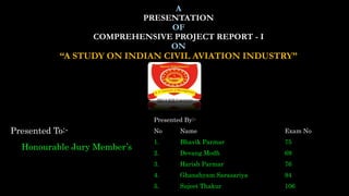 A
PRESENTATION
OF
COMPREHENSIVE PROJECT REPORT - I
ON
“A STUDY ON INDIAN CIVIL AVIATION INDUSTRY”
Presented To:-
Honourable Jury Member’s
Presented By:-
No Name Exam No
1. Bhavik Parmar 75
2. Devang Modh 69
3. Harish Parmar 76
4. Ghanshyam Sarasariya 94
5. Sujeet Thakur 106
 