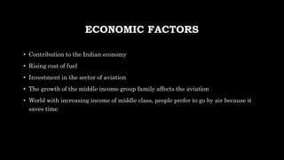 ECONOMIC FACTORS
• Contribution to the Indian economy
• Rising cost of fuel
• Investment in the sector of aviation
• The growth of the middle income group family affects the aviation
• World with increasing income of middle class, people prefer to go by air because it
saves time
 