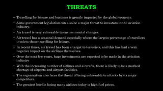 THREATS
• Travelling for leisure and business is greatly impacted by the global economy.
• Some government legislation can also be a major threat to investors in the aviation
industry.
• Air travel is very vulnerable to environmental changes.
• Air travel has a seasonal demand especially where the largest percentage of travellers
involves those travelling for leisure.
• In recent times, air travel has been a target to terrorists, and this has had a very
negative impact on the airlines themselves.
• Over the next few years, huge investments are expected to be made in the aviation
industry
• With the increasing number of airlines and aircrafts, there is likely to be a marked
shortage of airports and airport facilities.
• The organization also faces the threat of being vulnerable to attacks by its major
competitors.
• The greatest hurdle facing many airlines today is high fuel prices.
 