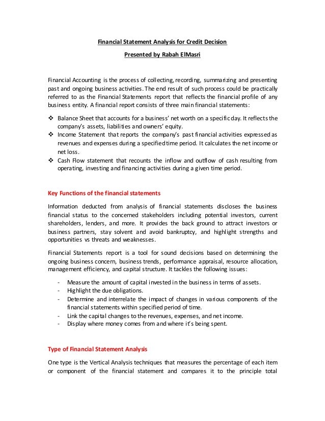 financial statements analysis for credit decision business net worth statement