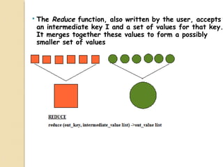  The Reduce function, also written by the user, accepts
an intermediate key I and a set of values for that key.
It merges together these values to form a possibly
smaller set of values
 