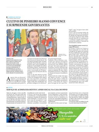 29
21 OUT
REGIÃO
Sátão era, até agora, o único concelho
do distrito de Viseu que ainda não
tinha disponível o SAAS, Serviço de
Acompanhamento e Apoio Social. O
novo programa, que estará instalado
na Casa do Povo de Sátão, entra em
funcionamento na próxima semana e
foi apresentado em reunião do CLAS-
Conselho de Local de Ação Social.
O SAAS é “um serviço que assegura
o atendimento e acompanhamento
de pessoas e famílias em situação de
vulnerabilidade e exclusão social,
bem como de emergência” e que
tem como funções, entre outras,
informar, aconselhar e encaminhar
para respostas, serviços ou prestações
sociais adequados a cada situação;
prevenir situações de pobreza e de
exclusão sociais ou mobilizar os
recursos da comunidade adequados à
progressiva autonomia pessoal, social
e profissional.
Este apoio era feito junto da Segu-
rança Social mas com a criação dos
SAAS passa a ter um espaço próprio,
no caso de Sátão na sede da Casa do
Povo das 8h30 às 13h00 e das 14h00
às 16h30, onde estarão um coordena-
dor e dois técnicos.
O SAAS foi criado no âmbito da rede
Local de Intervenção Social (RLIS).
SÁTÃO
SERVIÇO DE ACOMPANHAMENTO E APOIO SOCIAL NA CASA DO POVO
CARREGAL DO SAL
Texto Clemente António Pereira
CULTIVO DE PINHEIRO MANSO CONVENCE
E SURPREENDE GOVERNANTES
APOSTA NO
DESENVOLVIMENTO DOS
RECURSOS FLORESTAIS
DO CONCELHO COM
ESPECIAL FOCO PARA O
CULTIVO DO PINHEIRO
MANSO DESPERTOU O
INTERESSE DA TUTELA
QUE SE DISPONIBILIZOU A
DIRECIONAR APOIOS PARA
ESTE PRODUTO ENDÓGENO
Aaposta feita no desenvol-
vimento e crescimento da
cultura endógena do Pinhei-
ro Manso no concelho de Carregal
do Sal surpreendeu pela positiva o
PUB
secretário de Estado das Florestas
e do Desenvolvimento Rural. Na
sua última passagem pelo concelho,
Amândio Torres decidiu contactar
de perto com a nova realidade que
resulta da “Centralidade da Cultura
do Pinheiro Manso” assumida pela
Câmara Municipal em parceria
com a Associação de Produto-
res Florestais do Planalto Beirão
(APFPB).
Trata-se de uma aposta recente
e que resultou na criação de um
Centro de Clonagem desta espécie
que tem registado um grande
desenvolvimento e crescimento na
região, tendo sido considerado “um
produto endógeno de referência”
por parte do governante.
Amândio Torres felicitou o mu-
nicípio por apostar fortemente
nesta cultura do Pinheiro Manso
em parceria com APFPB e pediu
para que “não sejam esquecidos os
excelentes recursos florestais que
existem em Carregal do Sal que
reúne as condições de solo, clima e
humidade favoráveis e adequadas
ao desenvolvimento do pinheiro
manso”.
O governante fez ainda votos para
que daqui a 10 anos “o concelho
possa ter pelo menos o dobro da
área florestal ocupada com pinheiro
manso, como fonte de riqueza
para Carregal do Sal e para Por-
tugal” e que “irá gerar mais valor
acrescentado”.
Certo é que já existem linhas de
apoio para esta área de produção
ao abrigo do Programa de Desen-
volvimento Regional 2020 (PDR)
estando abertas as candidaturas
e condições exigidas para a apre-
sentação de projetos e intenção de
investimento a realizar.
Área de pinheiro manso cresceu e já
ocupa 200 hectares
O Parque Clonal de Pinheiro
Manso plantado no concelho de
Carregal do Sal regista um aumento
da área ocupada por esta espécie de
quase 40 por cento. “Estamos a falar
de cerca de uma centena de pro-
dutores, identificados e registados,
mas produtores ainda com pouca
expressividade”, adianta a APFPB.
A área plantada no concelho já re-
presenta cerca de 200 hectares, ex-
cluindo o povoamento de espécies
autóctones. Atualmente a imple-
mentação de um pomar de Pinheiro
Manso (plantação, mais enxertia)
envolve custos que rondam cerca
de dois mil euros. Ao fim de 7 a 8
anos o povoamento estará pronto a
dar fruto (ou seja, pinhões todos os
anos). Em condições normais um
hectare poderá produzir cerca de 15
a 20 toneladas de pinha, estando o
quilo a 0,70 euros em média, o que
corresponde por ano a um rendi-
mento de 10 mil e 500 euros.
Amândio Torres
esteve em Carregal
do Sal
 