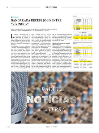 32
21 OUT
DESPORTO
PUB
Lusitano e Mortágua são os
protagonistas do dérbi distri-
tal deste fim de semana. As
duas equipas defrontam-se no do-
mingo, em jogo da sétima jornada
da série D do Campeonato de Por-
tugal, no Campo da Gandarada, em
Mortágua.
Duas equipas à procura de pontos
e de olhos postos no objetivo de so-
mar nesta primeira fase. O Mortá-
gua, equipa anfitriã, quer aprovei-
tar o fator “casa” para complicar a
vida ao vice-líder Lusitano e se pos-
sível regressar às vitórias, no cam-
peonato, que fogem há duas jorna-
das. A última vez que a formação de
Maná conquistou os três pontos foi
precisamente na Gandarada, frente
à Académica SF (2-0). Depois, uma
derrota com o líder Gafanha (3-2)
e um empate na Pampilhosa (2-2).
Mas em casa o Mortágua já mos-
trou que não é uma equipa fácil de
bater e exemplo disso foi o jogo do
último fim de semana onde compli-
cou o apuramento do Cova da Pie-
dade na Taça de Portugal e onde
valeu à equipa da Segunda Liga um
golo solitário de Irobiso, mas numa
altura em que a formação de Mor-
tágua estava reduzida a 10, por ex-
pulsão de Tagui que é assim baixa
para o jogo com os trambelos.
Já o Lusitano viaja até Mortágua
mais “fresco” uma vez que não jo-
gou para a Taça, competição de
onde já tinha sido afastado.
Os trambelos estão assim focados
no jogo com os mortaguenses e na
vitória. Depois de na última jorna-
da, há duas semanas, o Lusitano ter
falhado o assalto à liderança da série
D, com a derrota frente ao líder Ga-
fanha (2-3), a jornada deste domin-
go é de máxima importância para
que se possa manter na corrida ao
apuramento para a fase de subida, e
não ver aumentar a distância para o
Gafanha. A equipa de Rogério Sousa
estáemsegundolugar,com11pontos,
mas têm por perto Anadia e Gouveia
com menos um ponto.
Moimenta e Cinfães na fuga aos
últimos lugares
Na série C, o Moimenta da Beira re-
cebe o Estarreja e o Cinfães o Sou-
sense. As duas equipas continuam
na fuga aos últimos lugares e per-
der pontos é praticamente proibido.
O Moimenta, equipa orientada por
Rui Cordeiro, não ganha há cinco
jornadas. Venceu na primeira jor-
nada e soma apenas quatro pontos,
mais um que o último, o Cesarense.
OCinfãesvemdeumaderrotafrente
ao Estarreja (2-0) e vai querer apro-
veitar o regresso a casa para regres-
sar às vitórias. A turma de Arlindo
Gomes soma seis pontos e duas vi-
tórias (ambas conseguidas em casa).
SÉRIE D MARCADA POR DÉRBI DISTRITAL ENTRE LUSITANO E MORTÁGUA.
NA SÉRIE C, CINFÃES E MOIMENTA DA BEIRA JOGAM EM CASA
FUTEBOL
GANDARADA RECEBE JOGO ENTRE
“VIZINHOS”
P J V E D
1 SC Salgueiros 18 6 6 0 0
2 Sanjoanense 15 6 5 0 1
3 SC Coimbrões 11 6 3 2 1
4 Sousense 9 6 3 0 3
5 Oliveirense 8 6 2 2 2
6 Estarreja 7 6 2 1 3
7 Cinfães 6 6 2 0 4
8 Gondomar 4 6 1 1 4
9 M. da Beira 4 6 1 1 4
10 Cesarense 3 6 0 3 3
7ª JORNADA
Oliveirense 23/10 – 15h00 Salgueiros
SC Coimbrões 23/10 – 15h00 Gondomar
M. da Beira 23/10 – 15h00 Estarreja
Cinfães 23/10 – 15h00 Sousense
Sanjoanense 23/10 – 15h00 Cesarense
Serie C
P J V E D
1 Gafanha 15 6 5 0 1
2 Lusitano FCV 11 6 3 2 1
3 Anadia 10 6 2 4 0
4 CD Gouveia 10 6 3 1 2
5 Águeda 8 6 2 2 2
6 Pampilhosa 8 6 2 2 2
7 Mortágua 6 6 1 3 2
8 Nogueirense 5 6 1 2 3
9 Tourizense 4 6 1 1 4
10 Académica-SF 4 6 1 1 4
7ª JORNADA
Mortágua 23/10 – 15h00 LusitanoFCV
Gafanha 23/10 – 15h00 Gouveia
Académica 23/10 – 15h00 Nogueirense
Anadia 23/10 – 15h00 Tourizense
Pampilhosa 23/10 – 15h00 Águeda
Serie D
 