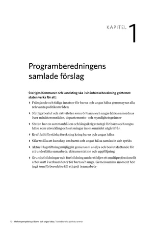 10 Helhetsperspektiv på barns och ungas hälsa. Tvärsektoriella politiska arenor
KAPITEL
1
Programberedningens
samlade förslag
Sveriges Kommuner och Landsting ska i sin intressebevakning gentemot
staten verka för att:
>> Främjande och tidiga insatser för barns och ungas hälsa genomsyrar alla
relevanta politikområden
>> Statliga beslut och aktiviteter som rör barns och ungas hälsa samordnas
över ministerområden, departements- och myndighetsgränser
>> Staten har en sammanhållen och långsiktig strategi för barns och ungas
hälsa som utveckling och satsningar inom området utgår ifrån
>> Kraftfullt förstärka forskning kring barns och ungas hälsa
>> Säkerställa att kunskap om barns och ungas hälsa samlas in och sprids
>> Aktuell lagstiftning möjliggör gemensam analys och beslutsfattande för
att underlätta samarbete, dokumentation och uppföljning
>> Grundutbildningar och fortbildning understödjer ett multiprofessionellt
arbetssätt i verksamheter för barn och unga. Gemensamma moment bör
ingå som förberedelse till ett gott teamarbete
 