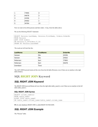 1 77895 3 
2 44678 3 
3 22456 1 
4 24562 1 
5 34764 15 
Now we want to list all the persons and their orders - if any, from the tables above. 
We use the following SELECT statement: 
SELECT Persons.LastName, Persons.FirstName, Orders.OrderNo 
FROM Persons 
LEFT JOIN Orders 
ON Persons.P_Id=Orders.P_Id 
ORDER BY Persons.LastName 
The result-set will look like this: 
LastName FirstName OrderNo 
Hansen Ola 22456 
Hansen Ola 24562 
Pettersen Kari 77895 
Pettersen Kari 44678 
Svendson Tove 
The LEFT JOIN keyword returns all the rows from the left table (Persons), even if there are no matches in the right 
table (Orders). 
SQL RIGHT JOIN Keyword 
SQL RIGHT JOIN Keyword 
The RIGHT JOIN keyword Return all rows from the right table (table_name2), even if there are no matches in the left 
table (table_name1). 
SQL RIGHT JOIN Syntax 
SELECT column_name(s) 
FROM table_name1 
RIGHT JOIN table_name2 
ON table_name1.column_name=table_name2.column_name 
PS: In some databases RIGHT JOIN is called RIGHT OUTER JOIN. 
SQL RIGHT JOIN Example 
The "Persons" table: 
 