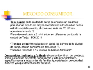 10
MERCADO CONSUMIDOR
Consumidor indirecto y/o final: el consumidor final del producto
serán las familias de estrato social medio y alto principalmente,
específicamente a integrantes de familias que padezcan de obesidad,
diabetes y/o que deseen cuidar su salud.
•Mini súper: en la ciudad de Tarija se encuentran en áreas
periurbanas siendo de mayor accesibilidad a las familias de los
estratos sociales medio, el consumo seria de 25 Lt/mes
aproximadamente (1).
(1) sondeo realizado a 8 mini súper en diferentes puntos de la
ciudad de Tarija,13/06/2011
•Tiendas de barrio: ubicadas en todos los barrios de la ciudad
de Tarija, con un consumo de 10 Lt/mes (2).
(2)sondeo realizado a 15 tiendas de barrios,13/06/2011
 
