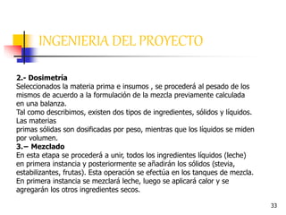 33
INGENIERIA DEL PROYECTO
2.- Dosimetría
Seleccionados la materia prima e insumos , se procederá al pesado de los
mismos de acuerdo a la formulación de la mezcla previamente calculada
en una balanza.
Tal como describimos, existen dos tipos de ingredientes, sólidos y líquidos.
Las materias
primas sólidas son dosificadas por peso, mientras que los líquidos se miden
por volumen.
3.− Mezclado
En esta etapa se procederá a unir, todos los ingredientes líquidos (leche)
en primera instancia y posteriormente se añadirán los sólidos (stevia,
estabilizantes, frutas). Esta operación se efectúa en los tanques de mezcla.
En primera instancia se mezclará leche, luego se aplicará calor y se
agregarán los otros ingredientes secos.
 