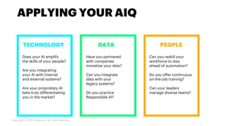 APPLYING YOUR AIQ
TECHNOLOGY PEOPLE
Does your AI amplify
the skills of your people?
Are you integrating
your AI with internal
and external systems?
Are your proprietary AI
bets truly differentiating
you in the market?
DATA
Have you partnered
with companies
monetize your data?
Can you integrate
data with your
legacy systems?
Do you practice
Responsible AI?
Can you reskill your
workforce to stay
ahead of automation?
Do you offer continuous
on-the-job training?
Can your leaders
manage diverse teams?
Copyright © 2017 Accenture. All rights reserved.
 
