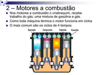 2 – Motores a combustão 
 Nos motores a combustão o virabrequim, recebe 
trabalho do gás, uma mistura de gasolina e gás. 
 Como toda máquina térmica o motor funciona em ciclos 
 O mais comum são os ciclos de 4 tempos. 
 