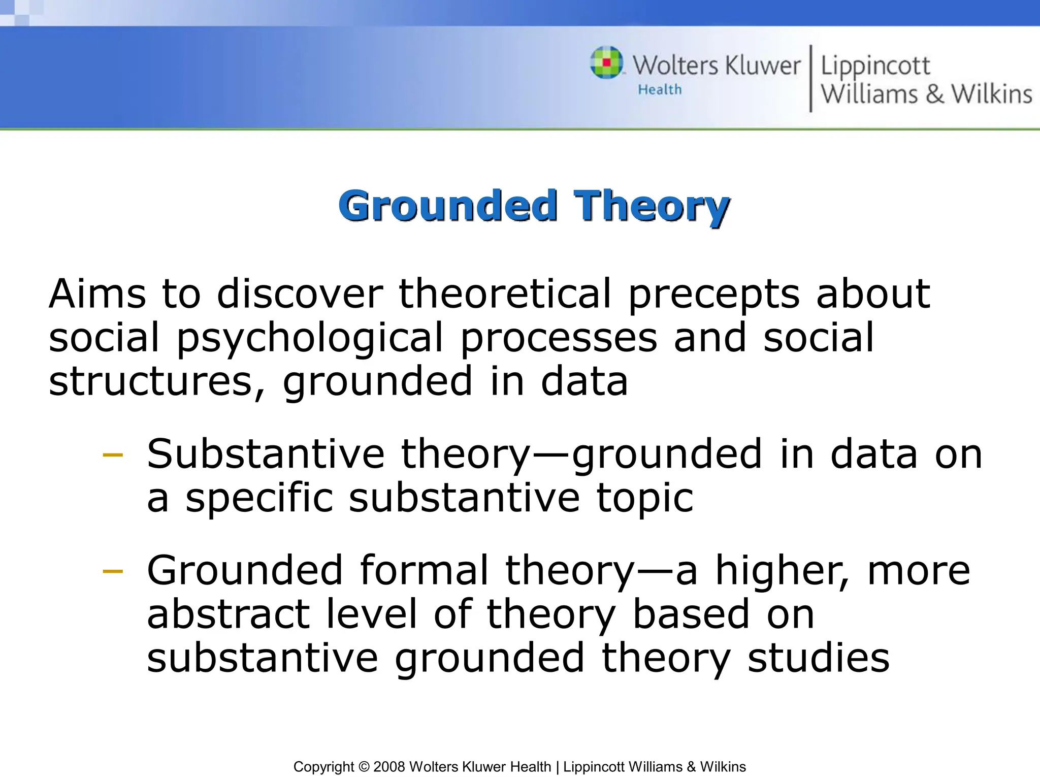 Copyright © 2008 Wolters Kluwer Health | Lippincott Williams & Wilkins
Grounded Theory
Aims to discover theoretical precepts about
social psychological processes and social
structures, grounded in data
– Substantive theory—grounded in data on
a specific substantive topic
– Grounded formal theory—a higher, more
abstract level of theory based on
substantive grounded theory studies
 