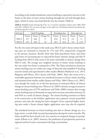 PAPER 2 109
According to the model simulations, nitrate leaching is expected to increase in the
future in the form of more nitrate leaching through the soil and through drain
pipes, which in many cases lead directly into the streams (Table 6).
For the two main soil types in the study area, MCC3 and 4, future nitrate leach-
ing rates are estimated to increase by 17% and 32%, respectively, compared
to the present situation. Results show that both percolation losses and drain
pipe losses are increasing due to expected far-future climatic change and that N
leaching from MCC4 soils seems to be more vulnerable to climate change than
MCC3 soils. The average area weighted increase in future nitrate leaching in
the case study river basin is estimated to 25%. The Daisy simulations of present
nitrate leaching rates are within the range of observed and modelled N leaching
rates for similar soil types found in other studies (Blicher-Mathiesen et al., 2015;
Børgesen and Olesen, 2011; Jensen and Veihe, 2009). There also seems to be a
reasonable agreement between our simulated increases in future nitrate leaching
and estimates from similar studies (Jensen and Veihe, 2009; Olesen et al., 2007),
even though the results are in the low spectrum of estimated effects of climate
change on nitrate leaching rates. Olesen et al. (2007) estimate average increases in
nitrate leaching rates of 57% and Jensen and Veihe (2009) estimate that average
nitrate leaching rates in Denmark are expected to increase somewhere between 22
and 44% as a result of climate changes. The nitrate leaching estimates are likely
to be conservative as the fertilizer application rates represent current prescribed
practice and only the timing has been changed. Given expected higher leach-
ing rates under a future climate higher application rates may also be required.
The simulated increases in nitrate leaching rates due to climate change are, to a
large extent, a result of the increased precipitation during the winter months. The
Daisy model has been found to be very sensitive to temporal changes in precipi-
tation (Olesen et al., 2007), however, the prediction of precipitation patterns at
regional and local scale is associated with large uncertainties.
Table 6. Modelled nitrate leaching (kg N ha-1
yr-1
) in present and future climate (years 2001-2010
and 2091-2100) for the two main soil types in the study area. Distribution between percolation loss
and drain pipe loss is shown.
Soil type Total N leaching Percolation loss Drain pipe loss
Present Future Change (%) Present Future Present Future
MCC3 41.7 48.6 17 35.8 41.5 5.9 7.1
MCC4 23.2 30.6 32 18.2 24.2 5.0 6.33
 