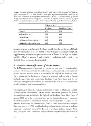 PAPER 2 111
hereafter referred to as Scenario B). Thus, considering the gap between N loads
after implementation of the 1st RBMP and the N target loads for achieving GES,
supplementary measures that provide reduction of further 210 t N yr-1
to Isefjord
and 274 t N yr-1
in scenario A and 343 t N yr-1
to Isefjord and 425 t N yr-1
to
Roskilde Fjord in scenario B, are needed.
3.3. Potential and cost-effectiveness of selected measures
The PoMs assessment tool was used to examine the potential N reduction effect
and cost-effectiveness of restoration of wetlands and extensification of intensively
farmed lowland areas in order to achieve GES for Isefjord and Roskilde Fjord.
Fig. 4 shows (a) the distribution of potential wetlands and intensively farmed
lowland areas within the Isefjord and Roskilde Fjord River Basin and (b) the
calculated nitrogen retention from the bottom of the root zone to surface water
at sub-catchment level in the river basin.
The mapping of potential wetland restoration projects in Denmark (Danish
Ministry of the Environment, 2010b) shows a maximum potential for further
re-establishment of wetlands in the Isefjord and Roskilde Fjord River Basin of
approx. 5800 ha. In the present study, we use the calculated average N reduction
effect of restoration of wetlands on national level estimated to 113 kg N ha-1
yr-1
(Danish Ministry of the Environment, 2010c). PoMs assessment tool analyses
show that approx. 22,500 ha of lowland agricultural areas within the river basin
is currently intensively farmed. On the basis of specific river basin analyses (Con-
terra, 2011) and PoMs assessment tool calculations, the effect of extensification of
N load, t N yr-1
Isefjord Roskilde Fjord
Current 853 905
a) Baseline 2015 783 886
b) 1st RBMP 709 807
c) Climate change impact 842 958
d) Good ecological status 499 533
Table 7. Estimates of current annual land-based N load (2005-2009) to Isefjord and Roskilde
Fjord, a) Baseline 2015 N loads and b) N loads after implementation of the 1st RBMP, all
three based on Danish Ministry of the Environment (2014). c) Our simulations of climate
change impact on total N leaching and d) estimated N target loads to the estuaries to fulfill
the WFD objective of good ecological status (Danish Ministry of the Environment, 2010a).
 