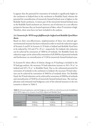 PAPER 2 113
It appears that the potential for restoration of wetlands is significantly higher in
the catchment to Isefjord than in the catchment to Roskilde Fjord, whereas the
potential for extensification of intensively farmed lowland areas is highest in the
Roskilde Fjord catchment. A minor part of the intensively farmed lowland areas
in the Roskilde Fjord catchment are, however, not of relevance in a cost-effective
perspective because they are located upstream of lakes, where N retention is high.
Therefore, these areas have not been included in the analyses.
3.4. Scenarios for WFD target fulfilment for Isefjord and Roskilde Fjord River
Basin
Based on their cost-effectiveness, implementation of these two selected agri-
environmental measures has been evaluated in order to reach the reduction targets
of Scenario A and B. In Scenario A, N loads to Isefjord and Roskilde Fjord have
to be reduced by 210 and 274 t N yr-1
, respectively. For Isefjord, this reduction
can be achieved by restoration of 1860 ha of wetlands. For Roskilde Fjord, the
reduction target can be achieved by restoration of all 2090 ha of potential wetlands
and furthermore an extensification of 1130 ha intensively farmed lowland areas.
In Scenario B, where effects of climate change on N leaching is included in the
N load gap analysis, the necessary N load reductions increase to 343 t N yr-1
to
Isefjord and 425 t N yr-1
to Roskilde Fjord. Due to the substantial potential for
restoration of wetlands in the catchment to Isefjord, the necessary N load reduc-
tion can be achieved by restoration of 3040 ha of wetlands alone. For Roskilde
Fjord, the N load reduction can be achieved by restoration of 2090 ha of wetlands
and extensification of 5630 ha of intensively farmed lowland areas. The total ap-
plication and estimated total budgetary costs of the selected measures in the two
scenarios is shown in Table 9.
Table 9. Estimated application and total budgetary costs of the two selected measures for the fulfilment
of the WFD targets set in Scenario A and B for Isefjord and Roskilde Fjord.
Wetland restoration Extensification of inten-
sively farmed lowland
areas
Total budgetary costs
Scenario A 3950 ha 1130 ha € 3.5m yr-1
Scenario B 5130 ha 5630 ha € 7.2m yr-1
 