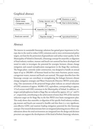PAPER 3128
Graphical abstract
Abstract
The interest in sustainable bioenergy solutions has gained great importance in Eu-
rope due to the need to reduce GHG emissions and to meet environmental policy
targets, not least for the protection of groundwater and surface water quality. In the
Municipality of Solrød in Denmark, a bioenergy concept for anaerobic co-digestion
of food industry residues, manure and beach-cast seaweed has been developed and
tested in order to investigate the potential for synergies between climate change
mitigation and coastal eutrophication management in the Køge Bay catchment.
The biogas plant, currently under construction, was designed to handle an annual
input of up to 200,000 t of biomass based on four main fractions: pectin wastes,
carrageenan wastes, manure and beach-cast seaweed. This paper describes how this
bioenergy concept can contribute to strengthening the linkages between climate
change mitigation strategies and Water Framework Directive (WFD) action plan-
ning. Our assessments of the projected biogas plant indicate an annual reduction
of GHG emissions of approx. 40,000 t CO2
equivalents, corresponding to approx.
1/3 of current total GHG emissions in the Municipality of Solrød. In addition, ni-
trogen and phosphorous loads to Køge Bay are reduced by approx. 63 t yr-1
and 9 t
yr-1
, respectively, contributing to the achievement of more than 70% of the nutrient
reduction target set for Køge Bay in the first WFD river basin management plan.
This study shows that anaerobic co-digestion of the specific food industry residues,
pig manure and beach-cast seaweed is feasible and that there is a very significant,
cost-effective GHG and nutrient loading mitigation potential for this bioenergy
concept. Our research demonstrates how an integrated planning process where con-
siderations about the total environment are integrated into the design and decision
processes can support the development of this kind of holistic bioenergy solutions.
 