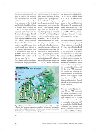 PAPER 4. TARGETED WFD ACTION PROGRAMMES – HOW? [ENGLISH VERSION]162
8
The PoMs assessment tool was
used to evaluate the potential
for N load reductions associated
with an implementation of these
three measures in the Isefjord
and Roskilde Fjord River Basin
to meet the WFD GES objective
(Table 1). The biogas production
potential in the river basin was
determined through a detailed
assessment of available manure
from large livestock farms using
the Danish Central Livestock
Register. This showed that the vast
majority of available manure from
large livestock farms is found in
the southern and western parts
of the river basin; in the order of
310,000 t in the western part and
220,000 t in the southern part of
the river basin (Fig. 3).
An economic and technical pre-
requisite for biogas production
based on manure is the supply of
other organic material to increase
gas production, e.g. energy crops.
To meet Danish subsidy schemes
for the construction of biogas
plants, manure has to account for
at least 75% of the total biomass
input, thus, the maximum sup-
ply of energy crops is estimated
to 175,000 t, corresponding to
a cultivation of perennial grasses
on approx. 5,300 ha (5% of the
arable land within the river basin).
Assuming that the application of
fertilizers is reduced correspond-
ing to the increased utilization of
N in biogas treated slurry, and the
cultivation of perennial energy
crops is spatially targeted towards
areas with low N retention, the
analysis shows a total N reduction
potential for the two measures of
179 t N yr-1
. This is distributed
as a reduction to Isefjord of 121
t N yr-1
and to Roskilde Fjord
of 58 t N yr-1
. In addition, the
implementation of these measures
improves the possibilities for
differentiated P regulation and
reduces substantially the GHG
emissions in the range of 60,000
to 134,000 t CO2-eq. yr-1
de-
pending on the choice of biogas
technology system concept.
The most cost-effective measures
to achieve the remaining required
N load reductions to Isefjord of
27 t N yr-1
and to Roskilde Fjord
of 151 t N yr-1
are expected to
be the restoration of wetlands
and extensification of intensively
farmed lowland areas. The CO2
-
eq. effect of these measures is,
however, highly uncertain and it
is important to be aware of this in
relation to climate change mitiga-
tion strategies /12/. Analyses of
GIS data in the PoMs assessment
tool estimate the potential for
further restoration of wetlands in
the river basin to approx. 6,000
ha, and the potential for exten-
sification of intensively farmed
lowland areas was estimated to
approx. 13,000 ha.
Based on a municipal project cata-
logue /13/ and PoMs assessment
tool scenario evaluations, our
analyses show that the remain-
ing N load reduction for Isefjord
can be achieved cost-effectively
by restoration of approx. 157
ha wetlands. For Roskilde Fjord
catchment, it is estimated that
there is a potential for restoration
of additional 350 ha wetlands
Fig. 3: Mapping of available manure resources from large livestock farms (>1000
t manure yr-1) in Isefjord and Roskilde Fjord River Basin divided between pigs,
cattle, organic cattle and mink within postal districts. A radius of 15 km is shown
for the transport distance of manure to biogas plant.
 