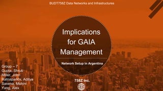 Implications
for GAIA
Management
Network Setup in Argentina
758Z Inc.
Group – 7
Gupta, Shruti
Miller, John
Ratnaparkhi, Aditya
Saxena, Mohini
Yang, Alex
BUDT758Z Data Networks and Infrastructures
 
