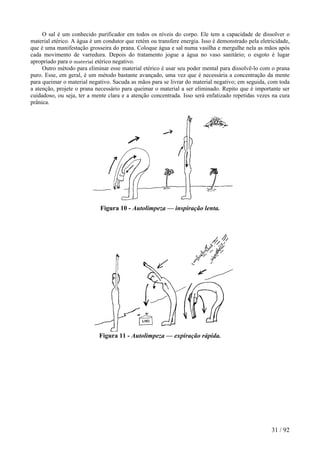 O sal é um conhecido purificador em todos os níveis do corpo. Ele tem a capacidade de dissolver o
material etérico. A água é um condutor que retém ou transfere energia. Isso é demonstrado pela eletricidade,
que é uma manifestação grosseira do prana. Coloque água e sal numa vasilha e mergulhe nela as mãos após
cada movimento de varredura. Depois do tratamento jogue a água no vaso sanitário; o esgoto é lugar
apropriado para o material etérico negativo.
Outro método para eliminar esse material etérico é usar seu poder mental para dissolvê-lo com o prana
puro. Esse, em geral, é um método bastante avançado, uma vez que é necessária a concentração da mente
para queimar o material negativo. Sacuda as mãos para se livrar do material negativo; em seguida, com toda
a atenção, projete o prana necessário para queimar o material a ser eliminado. Repito que é importante ser
cuidadoso, ou seja, ter a mente clara e a atenção concentrada. Isso será enfatizado repetidas vezes na cura
prânica.
Figura 10 - Autolimpeza — inspiração lenta.
Figura 11 - Autolimpeza — expiração rápida.
31 / 92
 