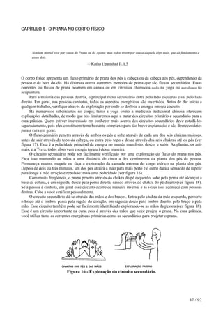 CAPÍTULO 8 - O PRANA NO CORPO FÍSICO
Nenhum mortal vive por causa do Prana ou do Apana; mas todos vivem por causa daquele algo mais, que dá fundamento a
esses dois.
— Katha Upanishad Il.ii.5
O corpo físico apresenta um fluxo primário de prana dos pés à cabeça ou da cabeça aos pés, dependendo da
pessoa e da hora do dia. Há diversas outras correntes menores de prana que são fluxos secundários. Essas
correntes ou fluxos de prana ocorrem em canais ou em circuitos chamados nadis na yoga ou meridianos na
acupuntura.
Para a maioria das pessoas destras, o principal fluxo secundário entra pelo lado esquerdo e sai pelo lado
direito. Em geral, nas pessoas canhotas, todos os aspectos energéticos são invertidos. Antes de dar início a
qualquer trabalho, verifique através da exploração por onde se desloca a energia em seu circuito.
Há numerosos subcircuitos no corpo; tanto a yoga como a medicina tradicional chinesa oferecem
explicações detalhadas, de modo que nos limitaremos aqui a tratar dos circuitos primário e secundário para a
cura prânica. Quem estiver interessado em conhecer mais acerca dos circuitos secundários deve estudá-los
separadamente, pois eles constituem tema bastante complexo para tão breve explanação e são desnecessários
para a cura em geral.
O fluxo primário penetra através de ambos os pés e sobe através de cada um dos seis chakras maiores,
antes de sair através do topo da cabeça, ou entra pelo topo e desce através dos seis chakras até os pés (ver
figura 17). Essa é a polaridade principal da energia no mundo manifesto: descer e subir. As plantas, os ani-
mais, e a Terra, todos absorvem energia (prana) dessa maneira.
O circuito secundário pode ser facilmente verificado por uma exploração do fluxo do prana nos pés.
Faça isso mantendo as mãos a uma distância de cinco a dez centímetros da planta dos pés da pessoa.
Permaneça neutro; mapeie ou faça a exploração da camada externa do corpo etérico na planta dos pés.
Depois de dois ou três minutos, um dos pés atrairá a mão para mais perto e o outro dará a sensação de repelir
para longe a mão atração e repulsão: mais uma polaridade (ver figura 16).
Com muita freqüência, o prana penetra através do chakra do pé esquerdo, sobe pela perna até alcançar a
base da coluna, e em seguida, desce pela perna direita, saindo através do chakra do pé direito (ver figura 18).
Se a pessoa é canhota, em geral esse circuito ocorre de maneira inversa, e às vezes isso acontece com pessoas
destras. Cabe a você verificar pessoalmente.
O circuito secundário dá-se através das mãos e dos braços. Entra pelo chakra da mão esquerda, percorre
o braço até o ombro, passa pela região do coração, em seguida desce pelo ombro direito, pelo braço e pela
mão. Esse circuito também pode ser facilmente identificado explorando-se as mãos da pessoa (ver figura 18).
Esse é um circuito importante na cura, pois é através das mãos que você projeta o prana. Na cura prânica,
você utiliza tanto as correntes energéticas primárias como as secundárias para projetar o prana.
Figura 16 - Exploração do circuito secundário.
37 / 92
 
