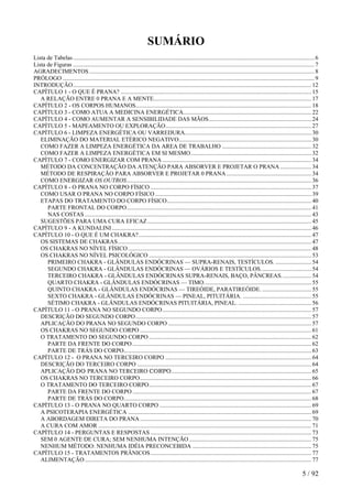 SUMÁRIO
Lista de Tabelas..................................................................................................................................................................6
Lista de Figuras ..................................................................................................................................................................7
AGRADECIMENTOS .......................................................................................................................................................8
PRÓLOGO .........................................................................................................................................................................9
INTRODUÇÃO................................................................................................................................................................12
CAPÍTULO 1 - O QUE É PRANA? ................................................................................................................................15
A RELAÇÃO ENTRE 0 PRANA E A MENTE..........................................................................................................17
CAPÍTULO 2 - OS CORPOS HUMANOS......................................................................................................................18
CAPÍTULO 3 - COMO ATUA A MEDICINA ENERGÉTICA......................................................................................22
CAPÍTULO 4 - COMO AUMENTAR A SENSIBILIDADE DAS MÃOS.....................................................................24
CAPÍTULO 5 - MAPEAMENTO OU EXPLORAÇÃO..................................................................................................27
CAPÍTULO 6 - LIMPEZA ENERGÉTICA OU VARREDURA.....................................................................................30
ELIMINAÇÃO DO MATERIAL ETÉRICO NEGATIVO.........................................................................................30
COMO FAZER A LIMPEZA ENERGÉTICA DA AREA DE TRABALHO ............................................................32
COMO FAZER A LIMPEZA ENERGÉTICA EM SI MESMO.................................................................................32
CAPÍTULO 7 - COMO ENERGIZAR COM PRANA ....................................................................................................34
MÉTODO DA CONCENTRAÇÃO DA ATENÇÃO PARA ABSORVER E PROJETAR O PRANA .....................34
MÉTODO DE RESPIRAÇÃO PARA ABSORVER E PROJETAR 0 PRANA .........................................................34
COMO ENERGIZAR OS OUTROS............................................................................................................................36
CAPÍTULO 8 - O PRANA NO CORPO FÍSICO ............................................................................................................37
COMO USAR O PRANA NO CORPO FÍSICO.........................................................................................................39
ETAPAS DO TRATAMENTO DO CORPO FÍSICO.................................................................................................40
PARTE FRONTAL DO CORPO............................................................................................................................41
NAS COSTAS ........................................................................................................................................................43
SUGESTÕES PARA UMA CURA EFICAZ..............................................................................................................45
CAPÍTULO 9 - A KUNDALINI......................................................................................................................................46
CAPÍTULO 10 - O QUE É UM CHAKRA?....................................................................................................................47
OS SISTEMAS DE CHAKRAS..................................................................................................................................47
OS CHAKRAS NO NÍVEL FÍSICO...........................................................................................................................48
OS CHAKRAS NO NÍVEL PSICOLÓGICO .............................................................................................................53
PRIMEIRO CHAKRA - GLÂNDULAS ENDÓCRINAS — SUPRA-RENAIS, TESTÍCULOS. ........................54
SEGUNDO CHAKRA - GLÂNDULAS ENDÓCRINAS — OVÁRIOS E TESTÍCULOS..................................54
TERCEIRO CHAKRA - GLÂNDULAS ENDÓCRINAS SUPRA-RENAIS, BAÇO, PÂNCREAS....................54
QUARTO CHAKRA - GLÂNDULAS ENDÓCRINAS — TIMO........................................................................55
QUINTO CHAKRA - GLÂNDULAS ENDÓCRINAS — TIREÓIDE, PARATIREÓIDE. .................................55
SEXTO CHAKRA - GLÂNDULAS ENDÓCRINAS — PINEAL, PITUITÁRIA. ..............................................55
SÉTIMO CHAKRA - GLÂNDULAS ENDÓCRINAS PITUITÁRIA, PINEAL. .................................................56
CAPÍTULO 11 - O PRANA NO SEGUNDO CORPO....................................................................................................57
DESCRIÇÃO DO SEGUNDO CORPO......................................................................................................................57
APLICAÇÃO DO PRANA NO SEGUNDO CORPO ................................................................................................57
OS CHAKRAS NO SEGUNDO CORPO ...................................................................................................................61
O TRATAMENTO DO SEGUNDO CORPO .............................................................................................................62
PARTE DA FRENTE DO CORPO ........................................................................................................................62
PARTE DE TRÁS DO CORPO..............................................................................................................................63
CAPÍTULO 12 - O PRANA NO TERCEIRO CORPO ..................................................................................................64
DESCRIÇÃO DO TERCEIRO CORPO .....................................................................................................................64
APLICAÇÃO DO PRANA NO TERCEIRO CORPO..............................................................................................65
OS CHAKRAS NO TERCEIRO CORPO...................................................................................................................66
O TRATAMENTO DO TERCEIRO CORPO.............................................................................................................67
PARTE DA FRENTE DO CORPO ........................................................................................................................67
PARTE DE TRÁS DO CORPO..............................................................................................................................68
CAPÍTULO 13 - O PRANA NO QUARTO CORPO ......................................................................................................69
A PSICOTERAPIA ENERGÉTICA ...........................................................................................................................69
A ABORDAGEM DIRETA DO PRANA ...................................................................................................................70
A CURA COM AMOR ...............................................................................................................................................71
CAPÍTULO 14 - PERGUNTAS E RESPOSTAS ............................................................................................................73
SEM 0 AGENTE DE CURA; SEM NENHUMA INTENÇÃO ..................................................................................75
NENHUM MÉTODO: NENHUMA IDÉIA PRECONCEBIDA ................................................................................75
CAPÍTULO 15 - TRATAMENTOS PRÂNICOS............................................................................................................77
ALIMENTAÇÃO ........................................................................................................................................................77
5 / 92
 