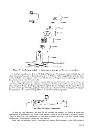 Figura 29 - Os chakras principais e os órgãos e partes do corpo que lhes são correspondentes.
A seguir, o segundo corpo deve ser "fechado". O prana que foi projetado para revitalizá-lo deve ser
selado em seu interior, ou ele se dissipará depois de 24 ou 48 horas. Fechar ou equilibrar o prana é o último
passo do trabalho com o segundo corpo. Se isso não for feito, então a pessoa provavelmente perderá vitali-
dade, ou uma doença pode até mesmo voltar.
Isso é feito concentrando-se a atenção e o prana a fim de que permaneçam com a pessoa. Eu uso um
outro método: "Peço" ao prana que permaneça com a pessoa. Reforço esse "
pedido"
com um movimento das
mãos, começando do topo da cabeça e seguindo até a planta dos pés (ver figura 30). Ao mesmo tempo em
que peço ao prana que permaneça, eu projeto prana, quase que o mesmo da limpeza energética, só que agora
ele será projetado com a intenção de equilibrar ou de permanecer e não a de purificar.
Figura 30 - . Fechando o corpo etérico.
Ao final de cada tratamento, seja qual for sua duração, eu agradeço em silêncio à pessoa pela
oportunidade de trabalhar com ela. Se não fosse por essa pessoa, eu não teria como exteriorizar o aspecto
criativo do prana. Fazer esse trabalho me traz muita alegria, portanto, sou grato. Além disso, com ele consigo
o dinheiro para o meu sustento; também sou grato por isso.
Então você precisa fazer a limpeza energética em si mesmo. Lave as mãos e, em seguida, comece a
60 / 92
 