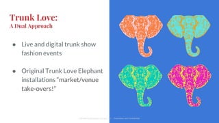 Trunk Love:
A Dual Approach
● Live and digital trunk show
fashion events
● Original Trunk Love Elephant
installations “market/venue
take-overs!”
Cliff Medney/Branding Change, LLC :: Proprietary and Confidential
 