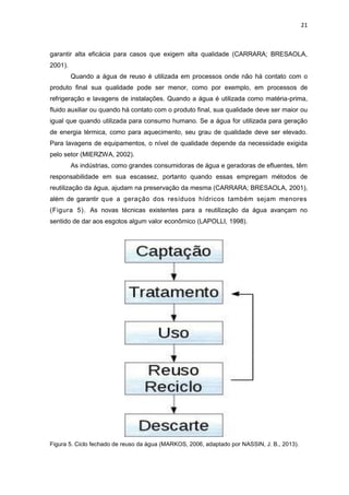 21
garantir alta eficácia para casos que exigem alta qualidade (CARRARA; BRESAOLA,
2001).
Quando a água de reuso é utilizada em processos onde não há contato com o
produto final sua qualidade pode ser menor, como por exemplo, em processos de
refrigeração e lavagens de instalações. Quando a água é utilizada como matéria-prima,
fluido auxiliar ou quando há contato com o produto final, sua qualidade deve ser maior ou
igual que quando utilizada para consumo humano. Se a água for utilizada para geração
de energia térmica, como para aquecimento, seu grau de qualidade deve ser elevado.
Para lavagens de equipamentos, o nível de qualidade depende da necessidade exigida
pelo setor (MIERZWA, 2002).
As indústrias, como grandes consumidoras de água e geradoras de efluentes, têm
responsabilidade em sua escassez, portanto quando essas empregam métodos de
reutilização da água, ajudam na preservação da mesma (CARRARA; BRESAOLA, 2001),
além de garantir que a geração dos resíduos hídricos também sejam menores
(Figura 5). As novas técnicas existentes para a reutilização da água avançam no
sentido de dar aos esgotos algum valor econômico (LAPOLLI, 1998).
Figura 5. Ciclo fechado de reuso da água (MARKOS, 2006, adaptado por NASSIN, J. B., 2013).
 