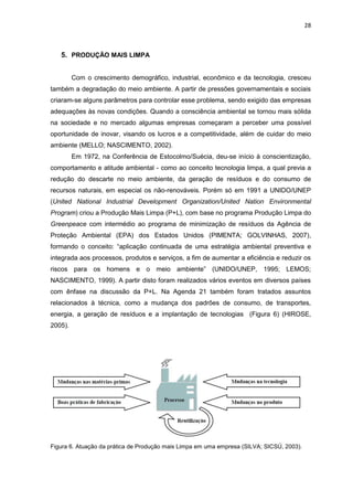 28
5. PRODUÇÃO MAIS LIMPA
Com o crescimento demográfico, industrial, econômico e da tecnologia, cresceu
também a degradação do meio ambiente. A partir de pressões governamentais e sociais
criaram-se alguns parâmetros para controlar esse problema, sendo exigido das empresas
adequações às novas condições. Quando a consciência ambiental se tornou mais sólida
na sociedade e no mercado algumas empresas começaram a perceber uma possível
oportunidade de inovar, visando os lucros e a competitividade, além de cuidar do meio
ambiente (MELLO; NASCIMENTO, 2002).
Em 1972, na Conferência de Estocolmo/Suécia, deu-se início à conscientização,
comportamento e atitude ambiental - como ao conceito tecnologia limpa, a qual previa a
redução do descarte no meio ambiente, da geração de resíduos e do consumo de
recursos naturais, em especial os não-renováveis. Porém só em 1991 a UNIDO/UNEP
(United National Industrial Development Organization/United Nation Environmental
Program) criou a Produção Mais Limpa (P+L), com base no programa Produção Limpa do
Greenpeace com intermédio ao programa de minimização de resíduos da Agência de
Proteção Ambiental (EPA) dos Estados Unidos (PIMENTA; GOLVINHAS, 2007),
formando o conceito: “aplicação continuada de uma estratégia ambiental preventiva e
integrada aos processos, produtos e serviços, a fim de aumentar a eficiência e reduzir os
riscos para os homens e o meio ambiente” (UNIDO/UNEP, 1995; LEMOS;
NASCIMENTO, 1999). A partir disto foram realizados vários eventos em diversos países
com ênfase na discussão da P+L. Na Agenda 21 também foram tratados assuntos
relacionados à técnica, como a mudança dos padrões de consumo, de transportes,
energia, a geração de resíduos e a implantação de tecnologias (Figura 6) (HIROSE,
2005).
Figura 6. Atuação da prática de Produção mais Limpa em uma empresa (SILVA; SICSÚ, 2003).
 