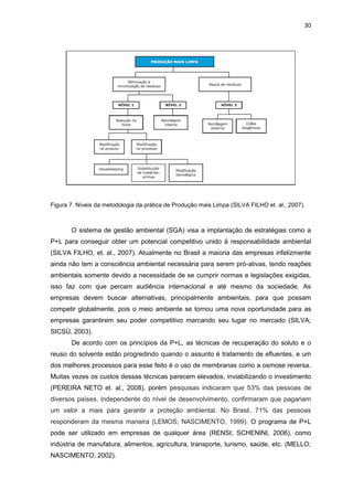 30
Figura 7. Níveis da metodologia da prática de Produção mais Limpa (SILVA FILHO et. al., 2007).
O sistema de gestão ambiental (SGA) visa a implantação de estratégias como a
P+L para conseguir obter um potencial competitivo unido à responsabilidade ambiental
(SILVA FILHO, et. al., 2007). Atualmente no Brasil a maioria das empresas infelizmente
ainda não tem a consciência ambiental necessária para serem pró-ativas, tendo reações
ambientais somente devido a necessidade de se cumprir normas e legislações exigidas,
isso faz com que percam audiência internacional e até mesmo da sociedade. As
empresas devem buscar alternativas, principalmente ambientais, para que possam
competir globalmente, pois o meio ambiente se tornou uma nova oportunidade para as
empresas garantirem seu poder competitivo marcando seu lugar no mercado (SILVA;
SICSÚ, 2003).
De acordo com os princípios da P+L, as técnicas de recuperação do soluto e o
reuso do solvente estão progredindo quando o assunto é tratamento de efluentes, e um
dos melhores processos para esse feito é o uso de membranas como a osmose reversa.
Muitas vezes os custos dessas técnicas parecem elevados, inviabilizando o investimento
(PEREIRA NETO et. al., 2008), porém pesquisas indicaram que 53% das pessoas de
diversos países, independente do nível de desenvolvimento, confirmaram que pagariam
um valor a mais para garantir a proteção ambiental. No Brasil, 71% das pessoas
responderam da mesma maneira (LEMOS; NASCIMENTO, 1999). O programa de P+L
pode ser utilizado em empresas de qualquer área (RENSI; SCHENINI, 2006), como
indústria de manufatura, alimentos, agricultura, transporte, turismo, saúde, etc. (MELLO;
NASCIMENTO, 2002).
 