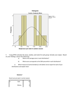 5. Using SPSS calculate the mean, median, and mode for each group. Include your output. Based
on your findings, answer the following:
a) What is the average score in each distribution?
b) What score corresponds to the 50th percentile in each distribution?
c) Which measure of central tendency is the better one to report for each of your
distributions and explain why?
Statisticsa
Study hours per week in summer session
N Valid 15
Missing 0
 