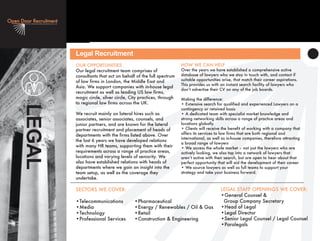 OUR OPPORTUNITIES
Our legal recruitment team comprises of
consultants that act on behalf of the full spectrum
of law firms in London, the Middle East and
Asia. We support companies with in-house legal
recruitment as well as leading US law firms,
magic circle, silver circle, City practices, through
to regional law firms across the UK.
We recruit mainly on lateral hires such as
associates, senior associates, counsels, and
junior partners, and are known for the lateral
partner recruitment and placement of heads of
departments with the firms listed above. Over
the last 6 years we have developed relations
with many HR teams, supporting them with their
requirements across a range of practice areas,
locations and varying levels of seniority. We
also have established relations with heads of
departments where we gain an insight into the
team setup, as well as the coverage they
undertake.
Legal Recruitment
SECTORS WE COVER:
•Telecommunications •Pharmaceutical
•Media •Energy / Renewables / Oil & Gas
•Technology •Retail
•Professional Services •Construction & Engineering
LEGAL STAFF OPENINGS WE COVER:
•General Counsel &
Group Company Secretary
•Head of Legal
•Legal Director
•Senior Legal Counsel / Legal Counsel
•Paralegals
LEGAL
HOW WE CAN HELP
Over the years we have established a comprehensive active
database of lawyers who we stay in touch with, and contact if
suitable opportunities arise, that match their career aspirations.
This provides us with an instant search facility of lawyers who
donʼt advertise their CV on any of the job boards.
Making the difference:
• Extensive search for qualified and experienced Lawyers on a
contingency or retained basis
• A dedicated team with specialist market knowledge and
strong networking skills across a range of practice areas and
locations globally
• Clients will receive the benefit of working with a company that
offers its services to law firms that are both regional and
international, as well as in-house companies, therefore attracting
a broad range of lawyers
• We access the whole market – not just the lawyers who are
actively looking, we also tap into a network of lawyers that
arenʼt active with their search, but are open to hear about that
perfect opportunity that will aid the development of their career
• We source lawyers as well as full teams to support your
strategy and take your business forward.
 