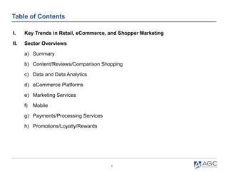 3
I. Key Trends in Retail, eCommerce, and Shopper Marketing
II. Sector Overviews
a) Summary
b) Content/Reviews/Comparison ...