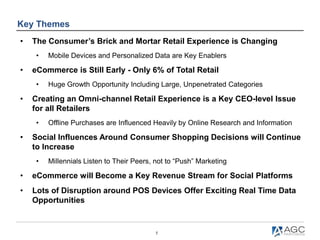5
Key Themes
• The Consumer’s Brick and Mortar Retail Experience is Changing
• Mobile Devices and Personalized Data are Key Enablers
• eCommerce is Still Early - Only 6% of Total Retail
• Huge Growth Opportunity Including Large, Unpenetrated Categories
• Creating an Omni-channel Retail Experience is a Key CEO-level Issue
for all Retailers
• Offline Purchases are Influenced Heavily by Online Research and Information
• Social Influences Around Consumer Shopping Decisions will Continue
to Increase
• Millennials Listen to Their Peers, not to “Push” Marketing
• eCommerce will Become a Key Revenue Stream for Social Platforms
• Lots of Disruption around POS Devices Offer Exciting Real Time Data
Opportunities
 