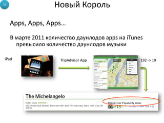 18
                     Новый Король
     Apps, Apps, Apps…
     В марте 2011 количество даунлодов apps на iTunes
       превысило количество даунлодов музыки

 iPad                  TripAdvisor App              192 -> 19
 