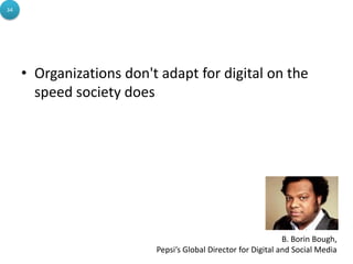 34




     • Organizations don't adapt for digital on the
       speed society does




                                                               B. Borin Bough,
                          Pepsi’s Global Director for Digital and Social Media
 