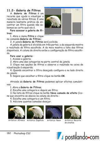 182 Photoshop CS2
11.2- Galeria de Filtros
A Galeria de Filtros é um
recurso que ajuda a visualizar o
resultado de vários filtros. É uma
maneira bastante prática de en-
contrar um filtro quando não sa-
bemos ao certo qual ele é.
Para acessar a galeria de fil-
tros:
1. Abra o menu Filtro e clique
no comando Galeria de Filtros;
2. A janela Galeria de Filtros será exibida;
A janela da galeria é dividida em três partes. a da esquerda mostra
o resultado do filtro escolhido. A do meio mostra a lista dos filtros
disponíveis. A coluna da direita exibe a configuração do filtro escolhi-
do.
Para usar a galeria:
1. Acesse a galeria;
2. Abra uma das categorias na parte central da janela;
3. Clique nas opções de filtros e observe o resutado na caixa de
vizualização à esquerda;
4. Quando encontrar o filtro desejado configure-o no lado direito
da janela;
5. Depois que escolher o filtro clique no botão OK.
Através da Galeria de Filtros podemos aplicar efeitos cumulati-
vos:
1. Abra a Galeria de Filtros;
2. Escolha uma categoria e depois um filtro;
3. Na lista de filtros clique no botão Nova camada de efeito (íco-
ne que encontra-se abaixo na coluna da direita ;
4. Escolha uma categoria e um filtro;
5. Adicione quantas camadas desejar.
Artístico: Afresco Artístico: Espátula Artístico: Neon Artístico: Recorte
de arestas
 