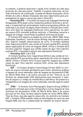 204 Photoshop CS2
no entanto, é possível selecionar a opção Virar Ordem da Linha para
gravá-las de cima para baixo. Também, é possível selecionar um mé-
todo alternativo de codificação, clicando em Modos Avançados. (Virar
Ordem da Linha e Modos Avançados são mais importantes para pro-
gramadores de jogos e outros que usam o DirectX.)
• Photoshop EPS - O formato de arquivo de linguagem PostScript
Encapsulado (EPS) pode conter elementos gráficos vetoriais e de bit-
map, e é suportado por praticamente todos os programas gráficos, de
ilustração e de layout de página. Esse formato é utilizado para trans-
ferir arte-final em linguagem PostScript entre aplicativos. Ao abrir
um arquivo EPS contendo gráficos vetoriais, o Photoshop converte a
imagem em bitmap, convertendo os gráficos vetoriais em pixels.
O formato EPS suporta os modos de cores Lab, CMYK, RGB, Cores
Indexadas, Duotônico, Tons de Cinza e Bitmap, mas não suporta canais
alfa. Suporta também demarcadores de corte. O formato Desktop
Color Separations (DCS), uma versão do formato padrão EPS, permite
salvar separações de cores de imagens CMYK. Utilize o formato DCS
2.0 para exportar imagens que contêm canais de spot. Para imprimir
arquivos EPS, é necessário possuir uma impressora PostScript.
• Photoshop DCS 1.0 e 2.0
O formato Desktop Color Separations (DCS) é uma versão do for-
mato padrão EPS que permite salvar separações de cores de imagens
CMYK. Utilize o formato DCS 2.0 para exportar imagens que contêm
canais de spot. Para imprimir arquivos DCS, utilize uma impressora
PostScript.
• GIF - O formato Graphics Interchange Format (GIF) é o for-
mato de arquivo utilizado geralmente para exibir elementos gráficos
e imagens de cores indexadas, além de imagens de documentos HTML
da World Wide Web e de outros serviços on-line. Trata-se de um
formato de compactação LZW desenvolvido para minimizar o tama-
nho do arquivo e o tempo de transferência eletrônica. Ele preserva a
transparência em imagens de cores indexadas, mas não suporta canais
alfa.
• JPEG - O formato Joint Photographic Experts Group (JPEG) é
geralmente utilizado para exibir fotografias e outras imagens de tons
contínuos em documentos HTML da World Wide Web e de outros
serviços on-line. Esse formato suporta modos de cores CMYK, RGB e
Tons de Cinza, mas não suporta canais alfa. Ao contrário do formato
GIF, o formato JPEG mantém todas as informações de cores em uma
imagem RGB, mas faz a compactação do tamanho do arquivo descar-
 