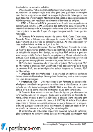 205
tando dados de maneira seletiva.
Uma imagem JPEG é descompactada automaticamente ao ser aber-
ta. Um nível de compactação mais alto gera uma qualidade de imagem
mais baixa, enquanto um nível de compactação mais baixo gera uma
qualidade maior de imagem. Na maioria dos casos, a opção de qualidade
Máxima produz um resultado totalmente diferente do original.
• PCX - O formato PCX é geralmente utilizado em computadores
compatíveis com PC- IBM. A maioria dos softwares para PC suporta a
versão 5 do formato PCX. Uma paleta de cores VGA padrão é utilizada
com arquivos da versão 3, que não suportam paletas de cores perso-
nalizadas.
O formato PCX suporta modos de cores RGB, Cores Indexadas,
Tons de Cinza e Bitmap, mas não suporta canais alfa. O formato PCX
suporta também o método de compactação RLE. As imagens podem ter
uma profundidade de bits de 1, 4, 8 ou 24.
• PDF - Portable Document Format (PDF) é um formato de arqui-
vo flexível para várias plataformas e aplicativos. Com base no modelo
de criação de imagem PostScript, os arquivos PDF exibem e preser-
vam com precisão fontes, layouts de página e gráficos vetoriais e de
bitmap. Além disso, esses arquivos podem conter recursos eletrônicos
de pesquisa e navegação em documentos, como links eletrônicos.
O Photoshop reconhece dois tipos de arquivos PDF: arquivos PDF
do Photoshop e arquivos PDF Genéricos. Você pode abrir os dois tipos
de arquivos PDF, mas só será possível salvar imagens no formato PDF
do Photoshop.
• Arquivos PDF do Photoshop - São criados utilizando o comando
Salvar Como do Photoshop. Os arquivos Photoshop podem conter ape-
nas uma única imagem.
• Photoshop Raw - O formato Raw é um formato de arquivo fle-
xível para transferir imagens entre aplicativos e plataformas de com-
putadores. Ele suporta imagens CMYK, RGB e em tons de cinza com
canais alfa, bem como imagens multicanal e Lab sem canais alfa.
O formato Raw consiste em um fluxo de bytes que descreve as
informações de cor na imagem. Cada pixel é descrito no formato bi-
nário, sendo 0 igual a preto e 255 igual a branco (para imagens com
canais de 16 bits, o valor de branco é 65535). O Adobe Photoshop
especifica o número de canais necessários para descrever a imagem,
além de qualquer canal adicional da imagem. É possível especificar a
extensão de arquivo e as informações de cabeçalho.
O parâmetro de cabeçalho especifica quantos bytes de informa-
ções aparecem no arquivo antes que as informações da imagem real
Preparação de Imagens e Impressão
 