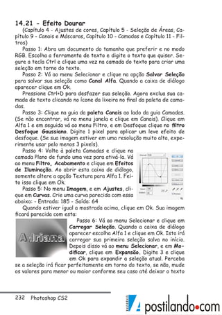 232 Photoshop CS2
14.21 - Efeito Dourar
(Capítulo 4 - Ajustes de cores, Capítulo 5 - Seleção de Áreas, Ca-
pítulo 9 - Canais e Máscaras, Capítulo 10 - Camadas e Capítulo 11 - Fil-
tros)
Passo 1: Abra um documento do tamanho que preferir e no modo
RGB. Escolha a ferramenta de texto e digite o texto que quiser. Se-
gure a tecla Ctrl e clique uma vez na camada do texto para criar uma
seleção em torno do texto.
Passo 2: Vá ao menu Selecionar e clique na opção Salvar Seleção
para salvar sua seleção como Canal Alfa. Quando a caixa de diálogo
aparecer clique em Ok.
Pressione Ctrl+D para desfazer sua seleção. Agora exclua sua ca-
mada de texto clicando no ícone da lixeira no final da paleta de cama-
das.
Passo 3: Clique na guia da paleta Canais ao lado da guia Camadas.
(Se não encontrar, vá no menu janela e clique em Canais). Clique em
Alfa 1 e em seguida vá ao menu Filtro, e em Desfoque clique no filtro
Desfoque Gaussiano. Digite 1 pixel para aplicar um leve efeito de
desfoque. (Se sua imagem estiver em uma resolução muito alta, expe-
rimente usar pelo menos 3 pixels).
Passo 4: Volte à paleta Camadas e clique na
camada Plano de fundo uma vez para ativá-la. Vá
ao menu Filtro, Acabamento e clique em Efeitos
de Iluminação. Ao abrir esta caixa de diálogo,
somente altere a opção Textura para Alfa 1. Fei-
to isso clique em Ok.
Passo 5: No menu Imagem, e em Ajustes, cli-
que em Curvas. Crie uma curva parecida com essa
abaixo: - Entrada: 185 - Saída: 64
Quando estiver igual a mostrada acima, clique em Ok. Sua imagem
ficará parecida com esta:
Passo 6: Vá ao menu Selecionar e clique em
Carregar Seleção. Quando a caixa de diálogo
aparecer escolha Alfa 1 e clique em Ok. Isto irá
carregar sua primeira seleção salva no início.
Depois disso vá ao menu Selecionar, e em Mo-
dificar, clique em Expansão. Digite 3 e clique
em Ok para expandir a seleção atual. Perceba
se a seleção irá ficar perfeitamente em torno do texto, se não, mude
os valores para menor ou maior conforme seu caso até deixar o texto
 