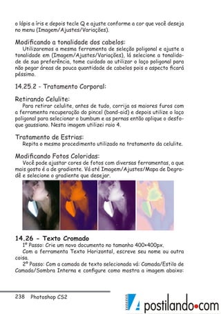 238 Photoshop CS2
o lápis a íris e depois tecle Q e ajuste conforme a cor que você deseja
no menu (Imagem/Ajustes/Variações).
Modificando a tonalidade dos cabelos:
Utilizaremos a mesma ferramenta de seleção poligonal e ajuste a
tonalidade em (Imagem/Ajustes/Variações), lá selecione a tonalida-
de de sua preferência, tome cuidado ao utilizar o laço poligonal para
não pegar áreas de pouca quantidade de cabelos pois o aspecto ficará
péssimo.
14.25.2 - Tratamento Corporal:
Retirando Celulite:
Para retirar celulite, antes de tudo, corrija os maiores furos com
a ferramenta recuperação do pincel (band-aid) e depois utilize o laço
poligonal para selecionar o bumbum e as pernas então aplique o desfo-
que gaussiano. Nesta imagem utilizei raio 4.
Tratamento de Estrias:
Repita o mesmo procedimento utilizado no tratamento da celulite.
Modificando Fotos Coloridas:
Você pode ajustar cores de fotos com diversas ferramentas, a que
mais gosto é a de gradiente. Vá até Imagem/Ajustes/Mapa de Degra-
dê e selecione o gradiente que desejar.
14.26 - Texto Cromado
1º Passo: Crie um novo documento no tamanho 400×400px.
Com a ferramenta Texto Horizontal, escreve seu nome ou outra
coisa.
2º Passo: Com a camada de texto selecionada vá: Camada/Estilo de
Camada/Sombra Interna e configure como mostra a imagem abaixo:
 